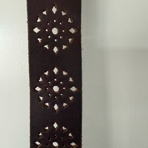 Frye Dark Brown Leather Belt with Cutout Design, Brass buckle, Med